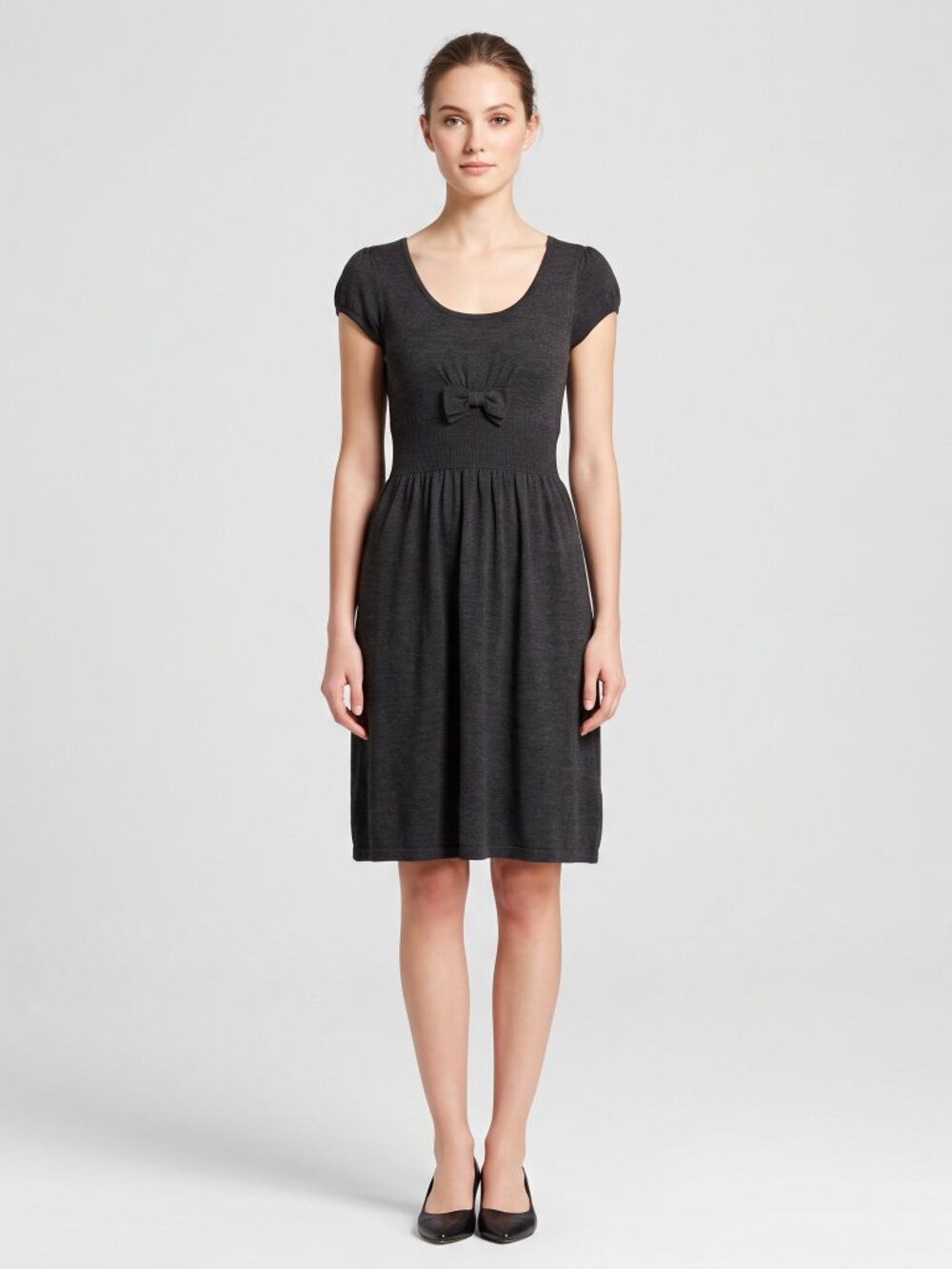 Cottagecore Knit A-Line Midi grey Dress Bow Accent  Business casual Workwear  12